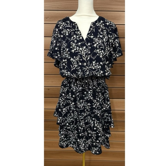 New KATE & LILY Navy Floral Ruffle Dress Women’s Sz 1X Short Sleeve Button Front - Picture 3 of 12